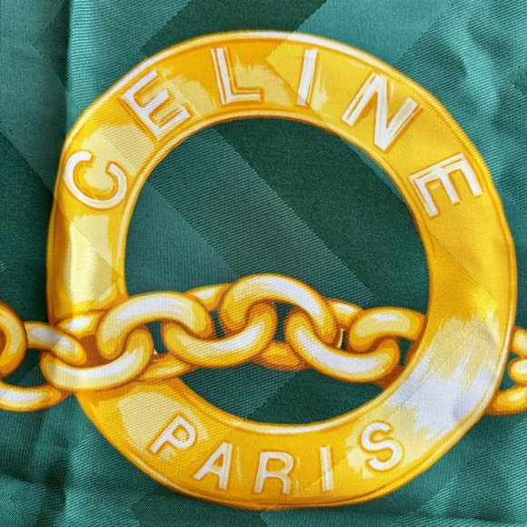 CÉLINE PARIS Hand-Rolled Silk Scarf in Emerald Green and Gold - Picture 5 of 13